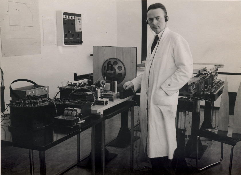 Davorin Bazjanac next to a laboratory equipement for the electrical analogy flow designed during his PhD., ETH Zürch, 1935.